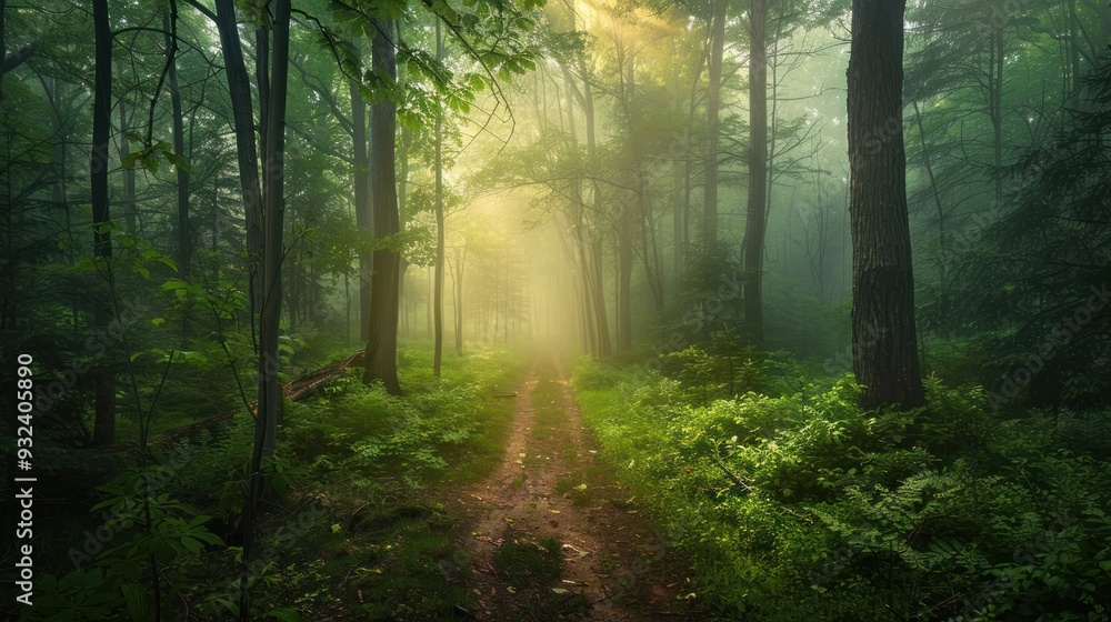 Fototapeta premium Sunbeams Through the Foggy Forest