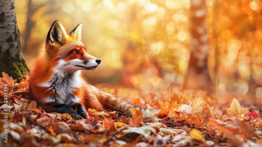 Fototapeta premium Red Fox in Autumn Forest with Golden Light
