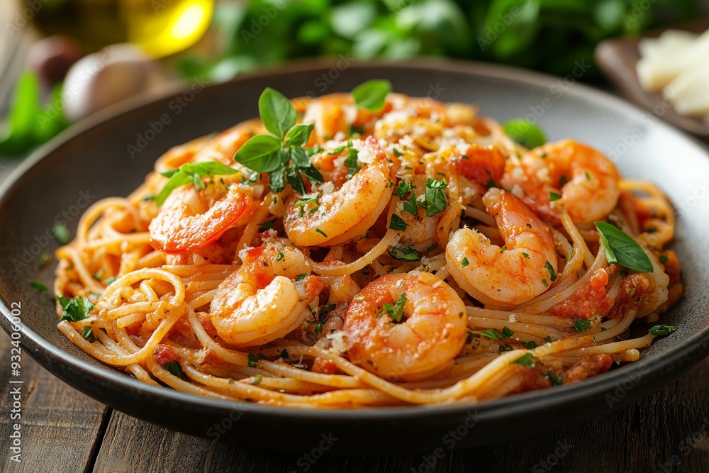Italian shrimp pasta in a tomato sauce with fresh herbs and garlic, served in a gourmet bowl Italian shrimp pasta in a tomato sauce with fresh herbs and garlic, served in a gourmet bowl