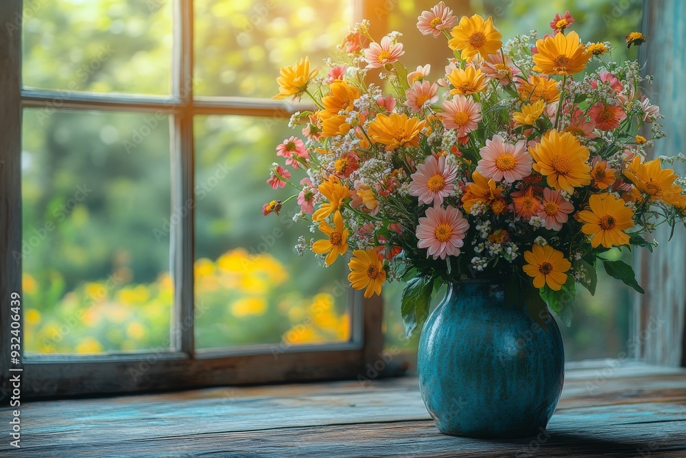 Bright bouquet of yellow and pink flowers in a green vase on a wooden table by the window, illuminated by natural light
