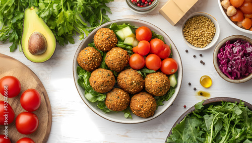 Fresh vegetables, falafel, and greens in an appealing flat lay