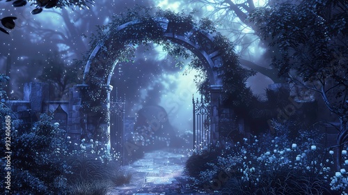 An old stone archway covered in vines, with a wrought iron gate leading to a path through a misty forest. The air is filled with glowing particles, creating an ethereal atmosphere.