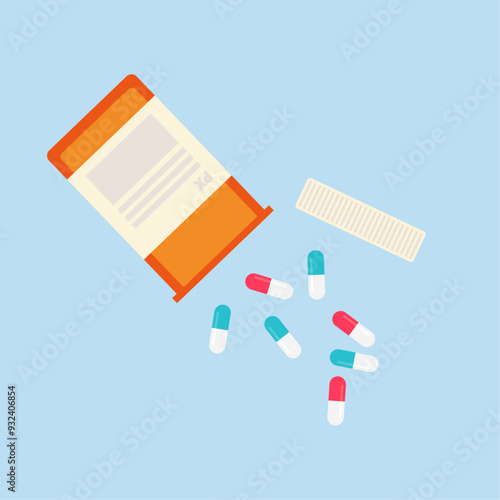 Medication dropping out of orange pharmacy vial. Red and blue pills. Prescription drugs. Flat modern vector illustration.