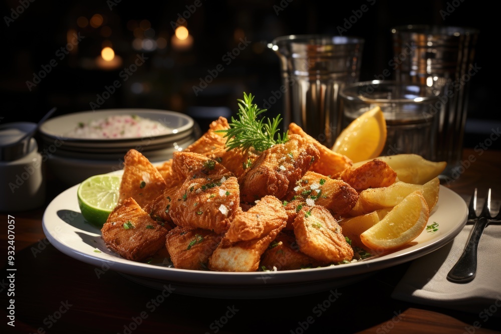 Roasted chicken breast nuggets with chips on the white plate., generative IA Roasted chicken breast nuggets with chips on the white plate., generative IA