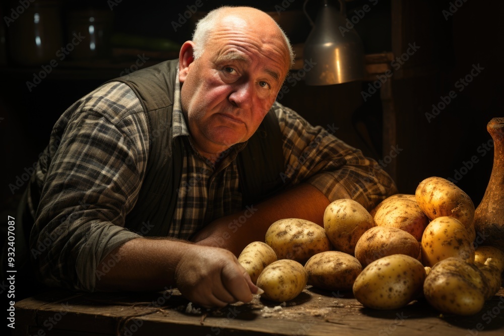 Peeling potato next to the raw battery, generative IA Peeling potato next to the raw battery, generative IA