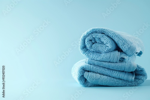 A stack of soft blue towels arranged neatly on a light blue background.