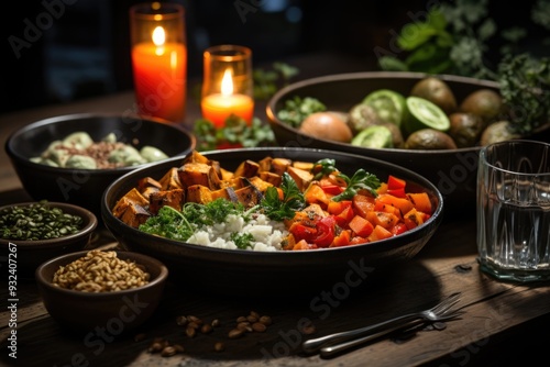 Sweet potato Buddha bowl on the flat white table, generative IA