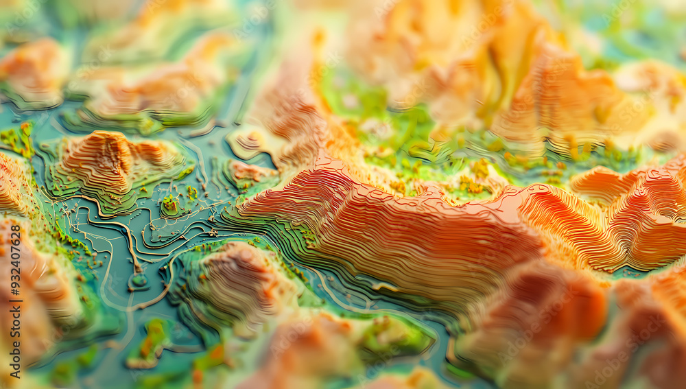 Close-up of an intricate digital map showing vibrant terrain features Close-up of an intricate digital map showing vibrant terrain features