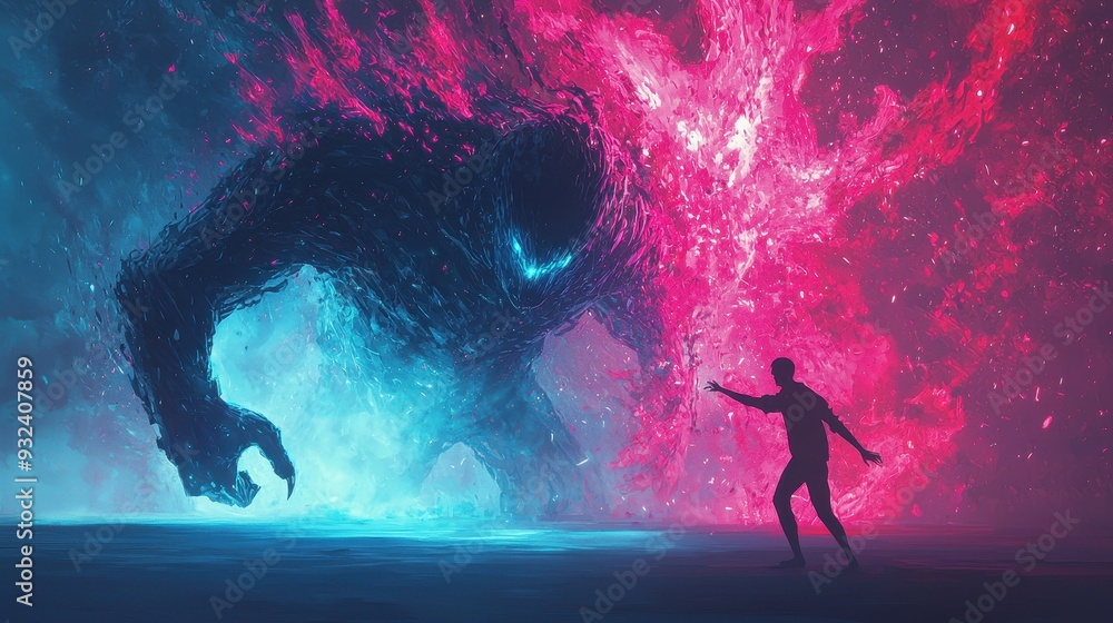 Man Facing Giant Monster with Blue and Pink Fire Man Facing Giant Monster with Blue and Pink Fire