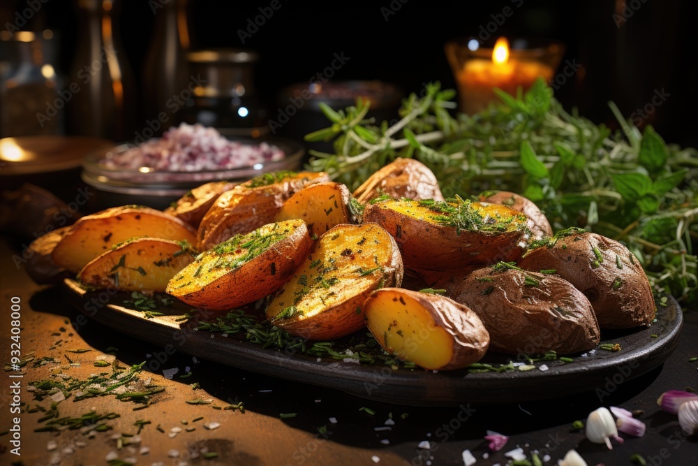 Potato crushed roasted with rosemary and black bottom thyme superior view, generative IA
