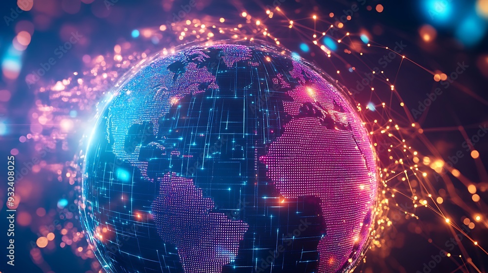 Fototapeta premium Close-Up of a Globe Surrounded by Digital Technology Elements on a Modern Workspace