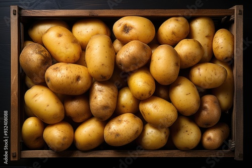 Potatoes in the photo in the empty paper box in the white background in the whit, generative IA