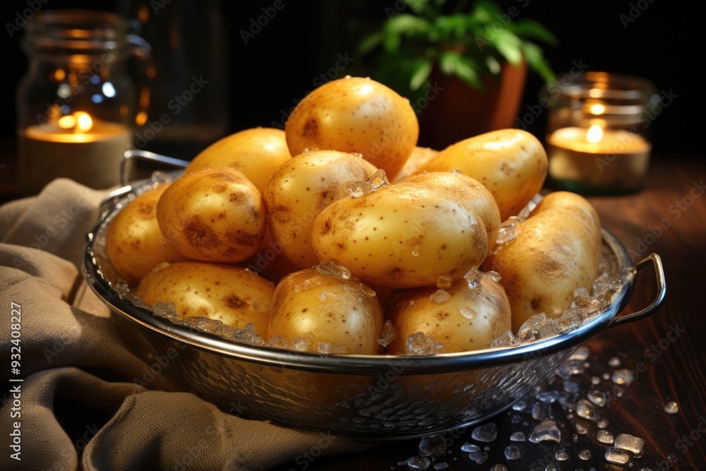 Sliced ??potatoes put around potato bag on the gray floor, generative IA Sliced ??potatoes put around potato bag on the gray floor, generative IA