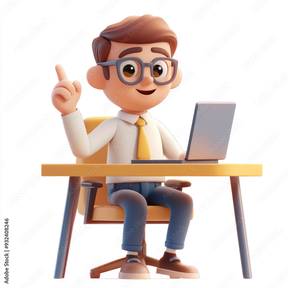 3D cartoon, an office worker sits at his desk and raises one hand to make a pointing gesture. on a solid white background 3D cartoon, an office worker sits at his desk and raises one hand to make a pointing gesture. on a solid white background