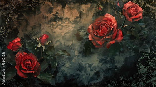 Fototapeta Naklejka Na Ścianę i Meble -  A dark background with three red roses, one rose bud, and green leaves. The background has a painted texture.