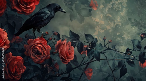 Fototapeta Naklejka Na Ścianę i Meble -  A black crow perches on a rose bush with dark green foliage and orange roses. The background is a hazy grey-green with an overlay of white abstract shapes.