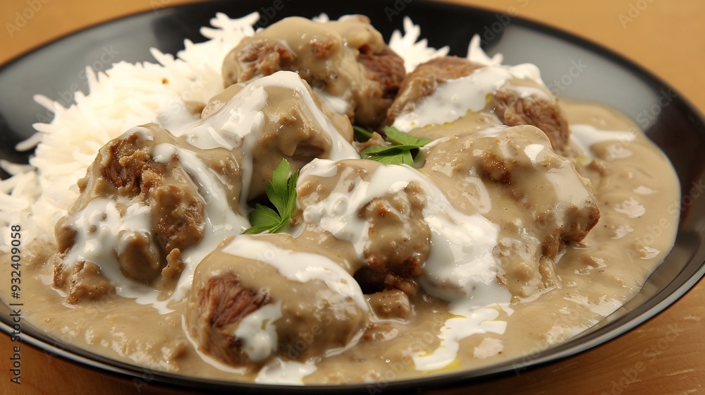 Serving of mansaf Jordan's national dish featuring lamb cooked in a yogurt sauce and served over rice as a rich and flavorful food experience Serving of mansaf Jordan's national dish featuring lamb cooked in a yogurt sauce and served over rice as a rich and flavorful food experience