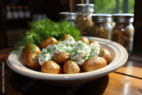 New potatoes or young boiled with fresh dill and onion in white bowl on old whit, generative IA photo