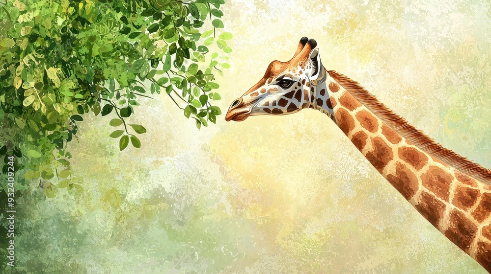 Obraz premium Giraffe Neck and Leaves Watercolor Painting