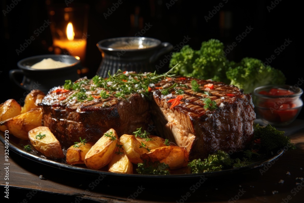 Soft and succulent medium rare veal steak with chips, generative IA Soft and succulent medium rare veal steak with chips, generative IA
