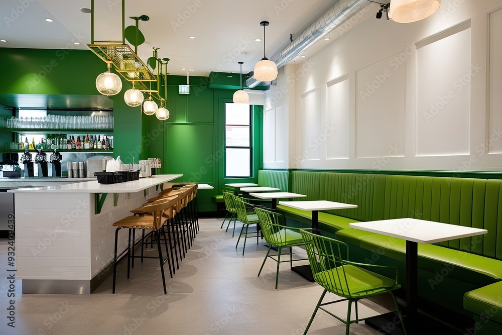 Fototapeta premium Contemporary White and Green Eatery Design Featuring Bar Counter and Stylish Furniture