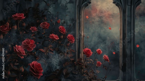 Fototapeta Naklejka Na Ścianę i Meble -  A dark and moody image featuring a gothic window with ornate framing. Vines with red roses grow up the walls and outside the window, which is filled with a swirling, smoky mist.