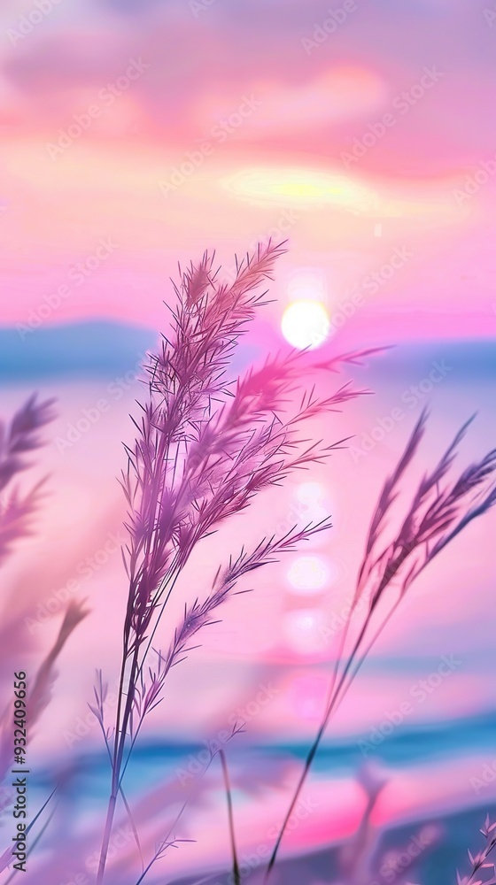 A serene sunset over water with tall grasses in the foreground, creating a tranquil atmosphere. A serene sunset over water with tall grasses in the foreground, creating a tranquil atmosphere.