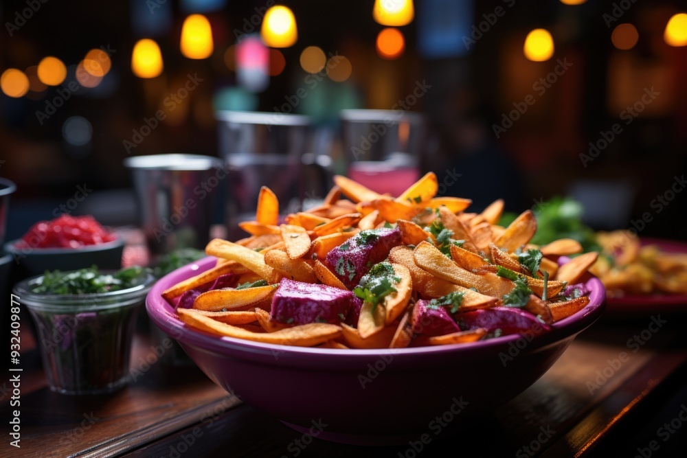Close the photo of spicy chips in the purple bowl., generative IA Close the photo of spicy chips in the purple bowl., generative IA