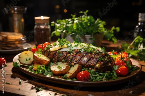 Close of the upper view of baked potatoes with tomato and radish next to a arugu, generative IA