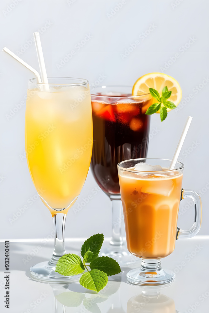 A vibrant display of refreshing drinks on a table. Each drink is garnished with lemon slices and some have additional fruit. A vibrant display of refreshing drinks on a table. Each drink is garnished with lemon slices and some have additional fruit.
