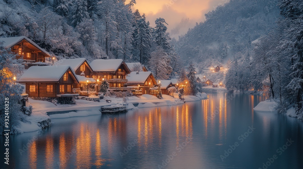 Obraz premium Winter Wonderland: Cabin Reflections in a Snowy Forest