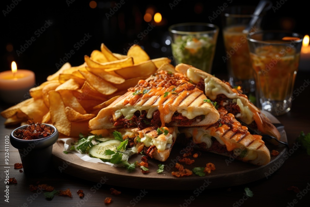 Close up sandwich with chips and sauce on the wooden table, generative IA Close up sandwich with chips and sauce on the wooden table, generative IA