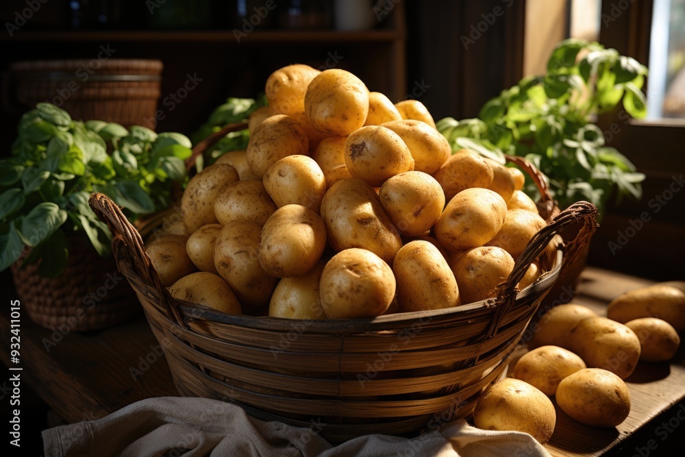 Close up, from, potatoes Food package, up, on, tuned, wooden desk, generative IA Close up, from, potatoes Food package, up, on, tuned, wooden desk, generative IA