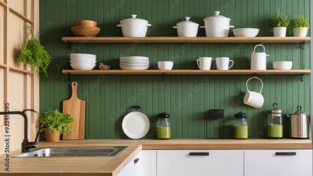 Green wall paneling with wooden shelves in the kitchen space Green wall paneling with wooden shelves in the kitchen space