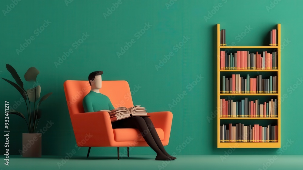 Reading a book in a library. The library exudes a quiet, peaceful atmosphere, quiet library, 3D illustration Reading a book in a library. The library exudes a quiet, peaceful atmosphere, quiet library, 3D illustration