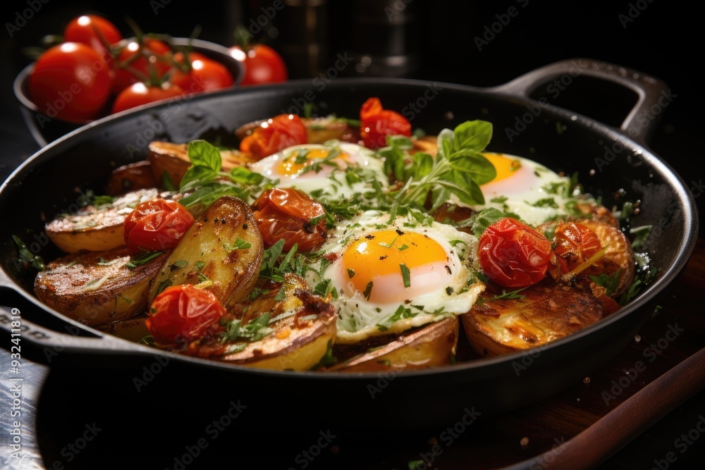 Tasty fried eggs with cherry tomato potatoes and onion in a pan on a wooden supp, generative IA Tasty fried eggs with cherry tomato potatoes and onion in a pan on a wooden supp, generative IA