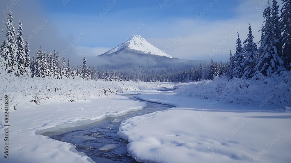 Fototapeta premium A winding river flows through a snowy landscape, with a snow-capped mountain in the distance.