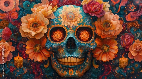 Sugar Skull with Floral Arrangement