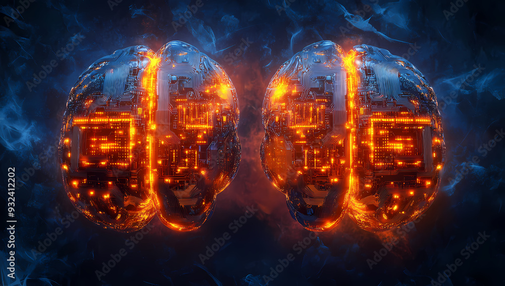 Two Circuit Board Brains Illuminated, Symbolizing AI and Technology Two Circuit Board Brains Illuminated, Symbolizing AI and Technology