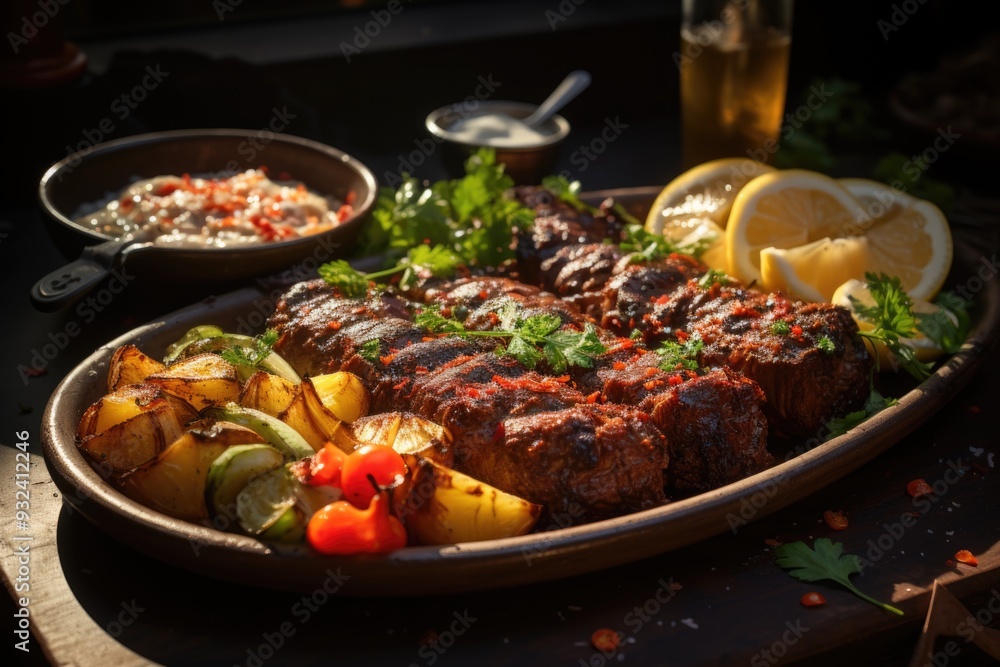 Kebab dish with potato kebab and vegetables tikka lula, generative IA Kebab dish with potato kebab and vegetables tikka lula, generative IA