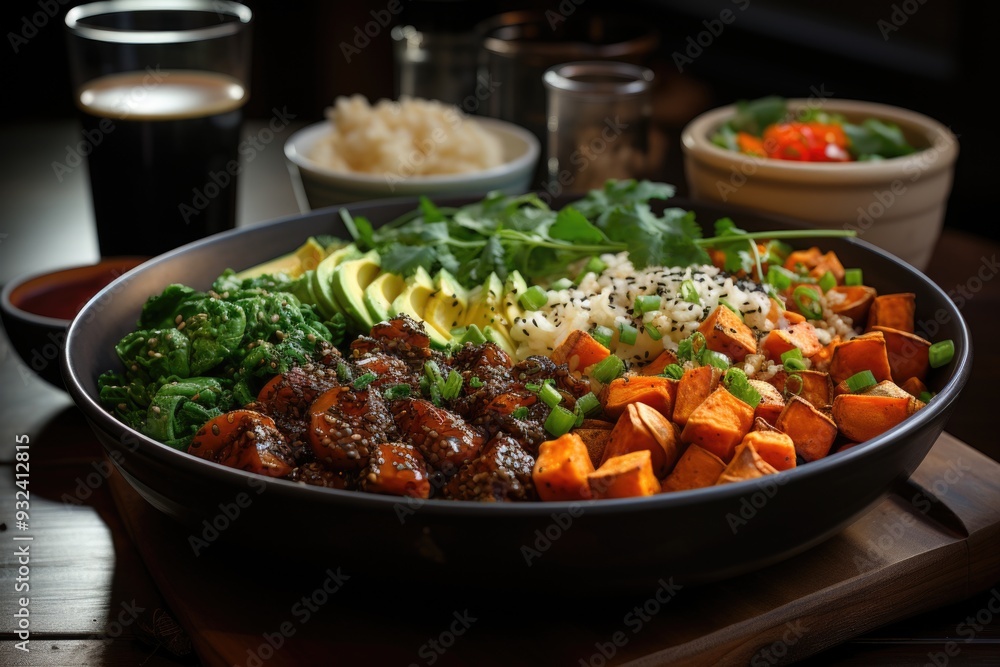 Sweet potato Buddha's bowl on the flat white table, generative IA Sweet potato Buddha's bowl on the flat white table, generative IA