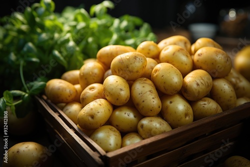 A battery of potatoes with the word potato in the background, generative IA photo