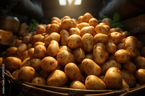 A battery of potatoes with the word potato in the background, generative IA photo