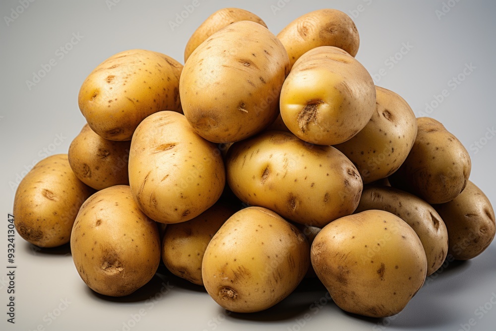 A pile of fresh organic potatoes on white background closes selected focus, generative IA