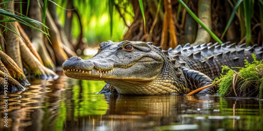 Majestic American alligator emerges from murky waters, surrounded by lush green reeds and twisted mangrove roots, in the heart of the Everglades ecosystem. Majestic American alligator emerges from murky waters, surrounded by lush green reeds and twisted mangrove roots, in the heart of the Everglades ecosystem.