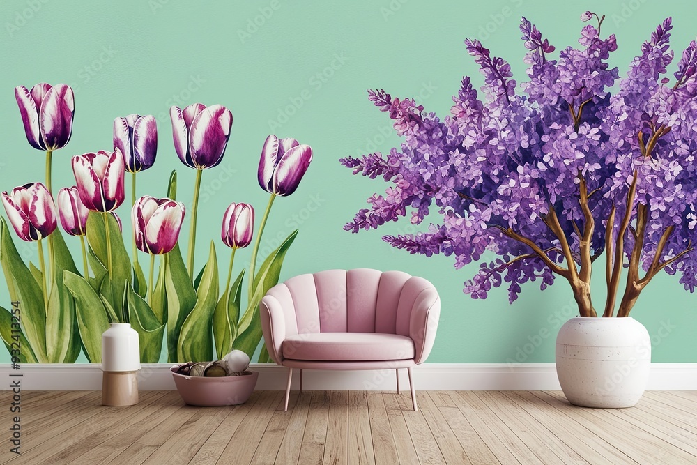 Fototapeta premium Textured Watercolor Tulip and Lilac Floral Design on Mint Background