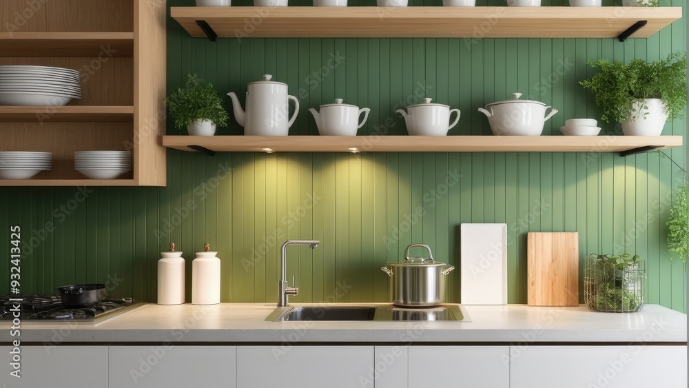 Green wall paneling with wooden shelves in the kitchen space Green wall paneling with wooden shelves in the kitchen space