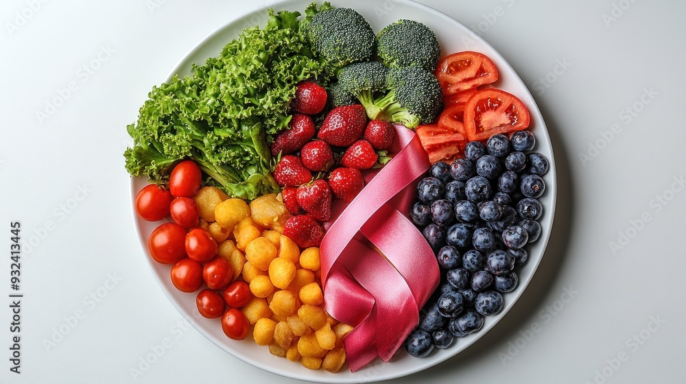 Pink Ribbon with Colorful Fruit and Vegetables Pink Ribbon with Colorful Fruit and Vegetables