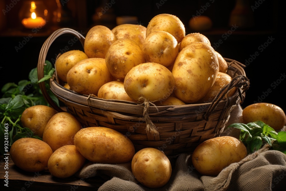 Front view potatoes in the basket with copy space, generative IA Front view potatoes in the basket with copy space, generative IA