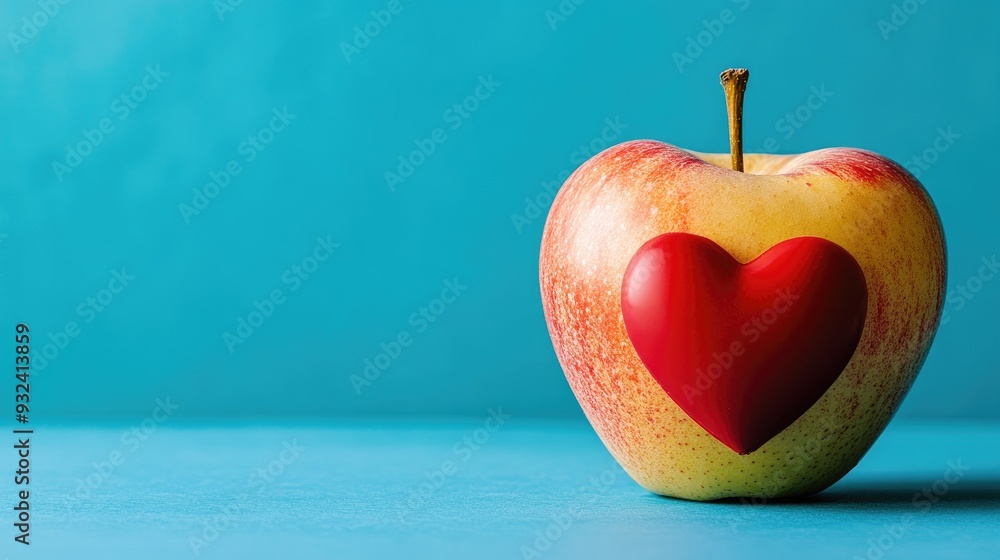 Obraz premium A close-up image of a cheerful apple with a heart organ nearby, set against a blue studio background, symbolizing the benefits of a diet rich in fruits for maintaining heart health.